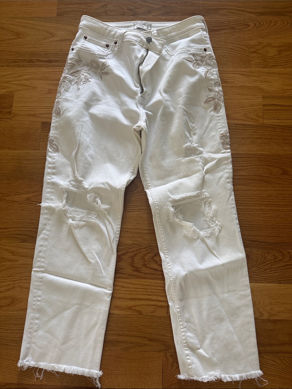 Abercrombie & Fitch White Straight Leg Jeans with Floral Embroidery